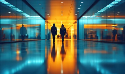 Obraz premium Two silhouettes walk through a brightly lit corridor, reflecting a blend of orange and blue hues.