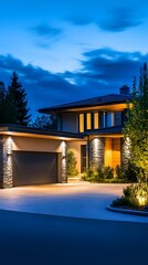 8. **A high-security home with motion-activated floodlights lighting up the driveway at night.**