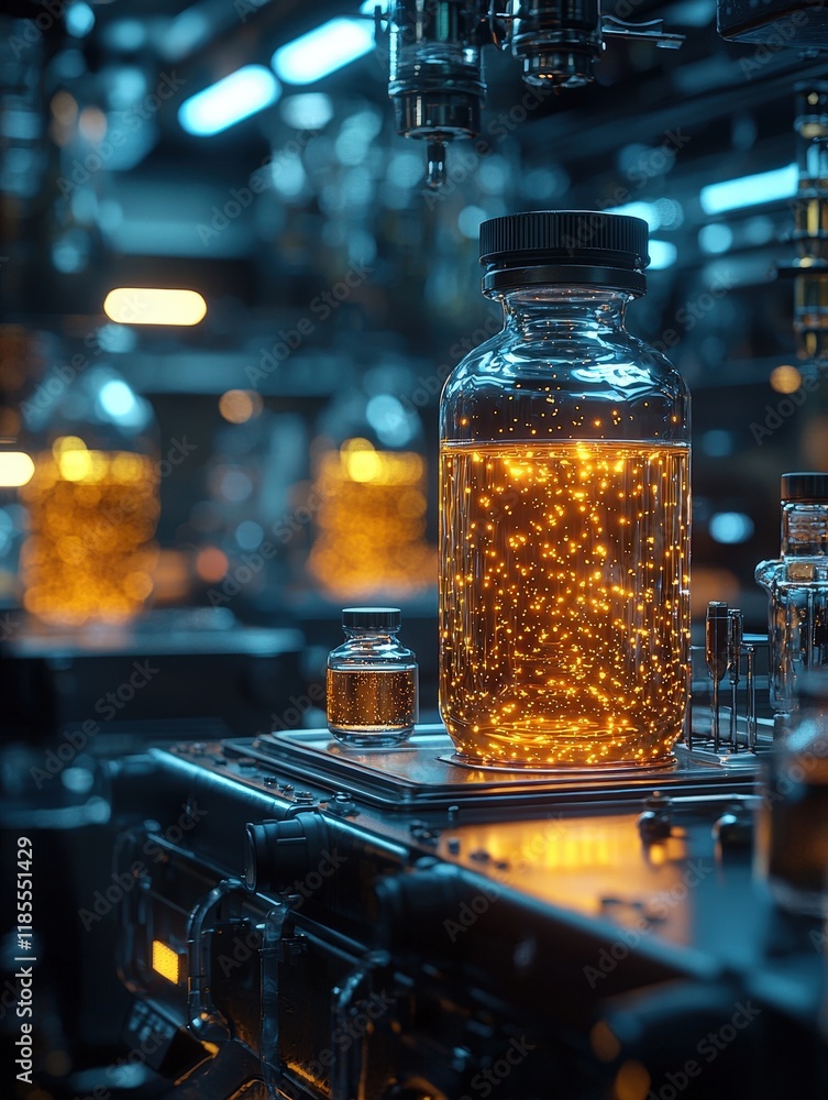 Poster glowing liquid in glass bottles inside a high-tech lab. potential applications include futuristic me