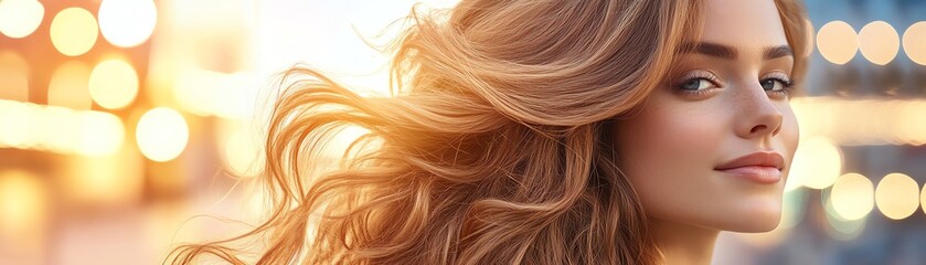Fototapeta premium A curly lacefront wig, deep mahogany, displayed against a luxury salon backdrop with glowing accents