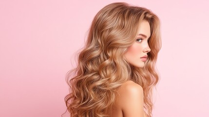 Fototapeta premium A curly lacefront wig in caramel tones, glowing softly against a pastel pink background