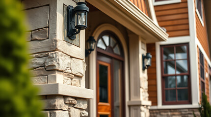 Residential Exterior with Stone Veneer, Wooden Door, and Exterior Lighting