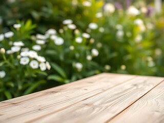 Fototapeta premium Close-Up of End Grain Wood Countertop with Cutting Board Against a Lush Green Garden Background in Morning Sunlight