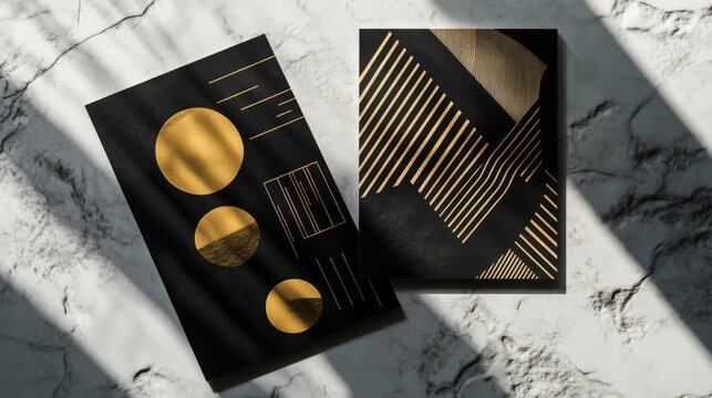 27.A modern brochure template showcasing abstract geometric patterns in monochrome with gold accents, designed for versatility in advertising and brand identity.