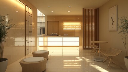 Softly lit bubble tea shop with a minimalist design, featuring clean lines, modern furniture, and a focus on simplicity and style