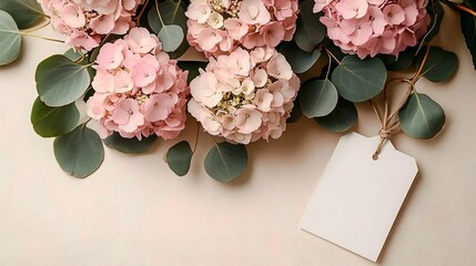 An elegant bouquet of soft pink and white hydrangeas with eucalyptus, perfect for weddings, anniversaries, or personalized greetings. Ideal for floral arrangements.
