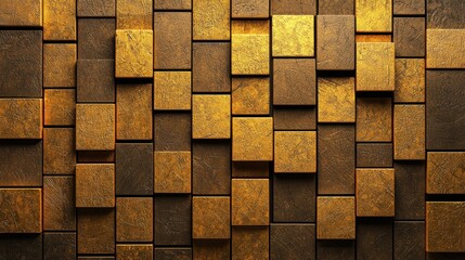 A textured wall featuring interlocking squares in varying shades of brown and gold, creating a rich, warm aesthetic.
