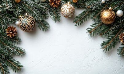 A festive arrangement featuring pine branches, ornaments, and pine cones, perfect for holiday decorations.