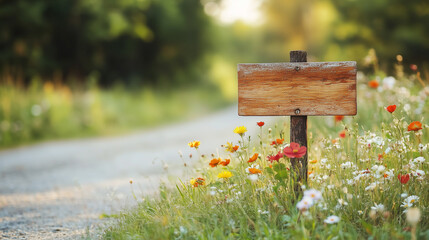 Rustic wooden signpost along a flower-lined gravel path
