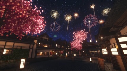 Naklejka premium Vibrant Night Celebration in a Temple Courtyard