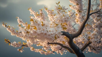 Branches covered in white cherry blossoms and golden leaves set against the soft gray sky, displaying the serene and elegant beauty of spring blooms.