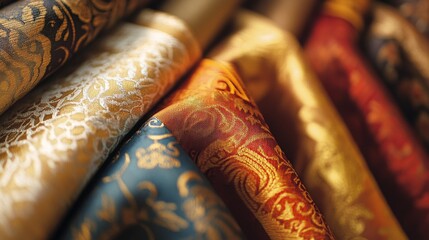 101.A close-up shot of fabric swatches in a catalog, the rich textures and intricate designs highlighted by warm lighting, creating an inviting and tactile scene.