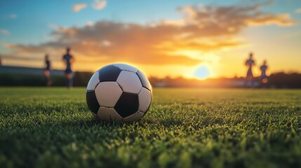 Soccer ball on grass during sunset practice.
