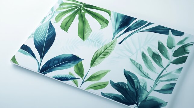 6.A sleek catalog cover with a clean white background and bold botanical motifs in vibrant greens and blues, creating a harmonious balance between simplicity and nature-inspired elegance.
