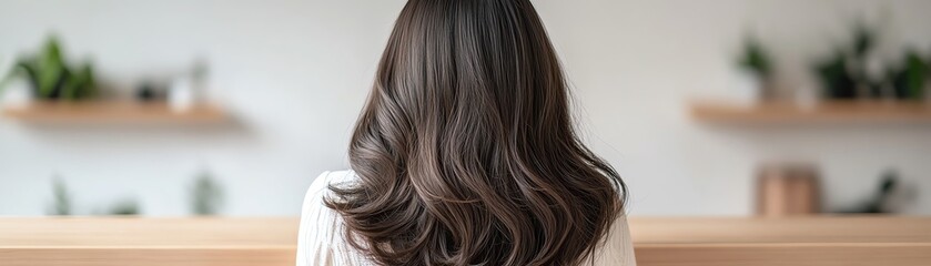 Naklejka premium A long lacefront wig, glossy black, styled in loose waves, displayed elegantly on a brushed wooden counter