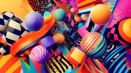 45.A vibrant, abstract composition of brightly colored geometric forms like spheres, cubes, and zigzag patterns, arranged in a dynamic and chaotic pattern, ideal for party promotions.