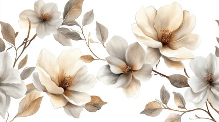 Elegant Watercolor Foliage and Flowers Seamless Pattern in Muted Greens, Soft Browns, and Grey Tones on White Background for Sophisticated Wallpaper and Textile Design