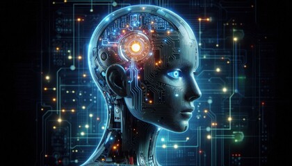 Glowing digital human head profile, neural network visualization, brain activity, artificial intelligence concept, futuristic technology, interconnected nodes, cosmic background, stars and galaxies, b