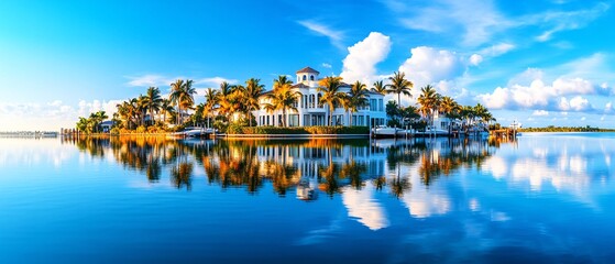 Obraz premium Luxury Waterfront Homes Amidst Lush Palm Trees and Blue Skies