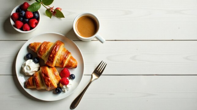 A delightful breakfast scene featuring freshly baked croissants, creamy topping, and a mix of berries, accompanied by a cup of coffee, all served on a white wooden table.