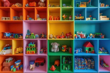 Colorful Cubbies Filled With Assorted Childrens Toys