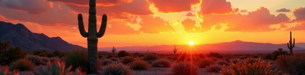 Majestic saguaro cactus stands alone under desert sunset, desert, rock formations