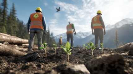 Reforestation efforts by workers in mountainous landscape environmental rehabilitation outdoors wide view sustainability
