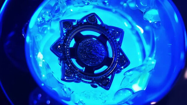 Ornate silver brooch floats and rotates in a blue-lit liquid, 360-degree video, gel lighting, blue, establishing scene, the blue lighting intensifies the shine of the brooch