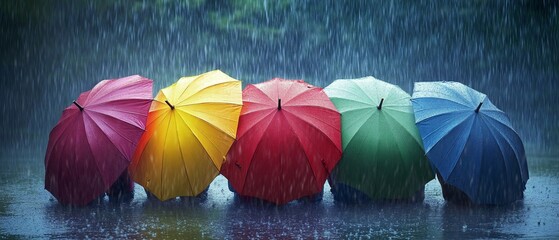 Colorful Umbrellas Providing Protection in Rainy Weather Together