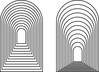 Set of concentric arch frames in trendy y2k, art deco or bohemian style. Geometric archway shapes isolated on white background. Portal, door or window arc silhouettes. Vector graphic illustration.