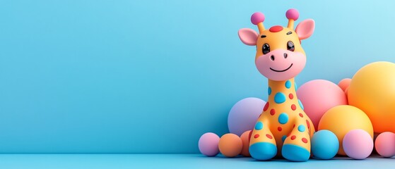 Fototapeta premium Cute Giraffe Toy with Colorful Polka Dots on Blue Background