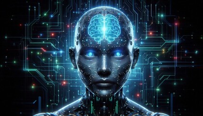 Glowing digital human head profile, neural network visualization, brain activity, artificial intelligence concept, futuristic technology, interconnected nodes, cosmic background, stars and galaxies, b