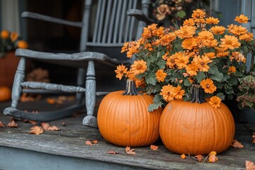 A cozy autumn scene featuring pumpkins and vibrant flowers on a porch.