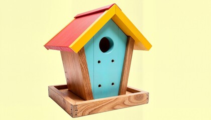 Small colorful wooden birdhouse isolated on a pastel yellow background.