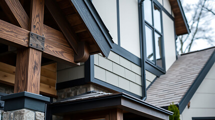 Close-up view of a house exterior showcasing dark-stained wooden beams, light-grey siding, dark trim, and a section of a neighboring house's roof.  Architectural details are emphasized.