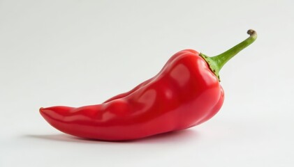 Single vibrant red chili pepper, glossy skin, white background, paprika, spicy