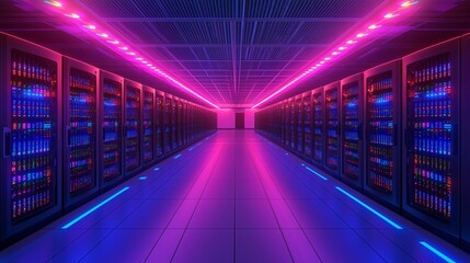 Fototapeta premium Ultra Modern Data Grid Layout with Futuristic Servers in Neon Light