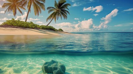 Tropical island with sandy beach surrounded by lush green trees and clear blue ocean water