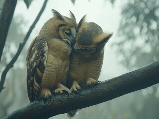 Owls cuddling on a branch. AI.