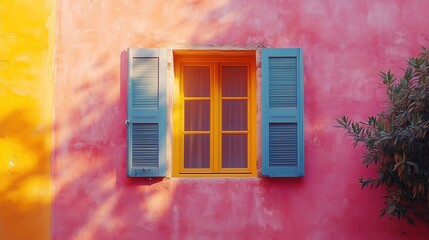 Vibrant Yellow Window with Blue Shutters on Pink Wall