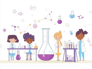 Children conducting science experiments in the lab, vector illustration of playful, fun cartoon icons perfect for International Day of Women and Girls in Science