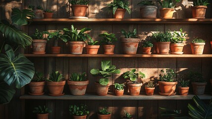 Vintage Terracotta Pots Filled with Lush Green Plants Displayed