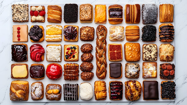 Assorted gourmet pastries arranged on marble background for bakery menu or website.
