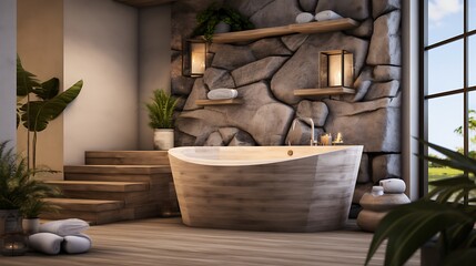 A relaxing spa-inspired bathroom with minimalist decor, natural stone, and wood accents.