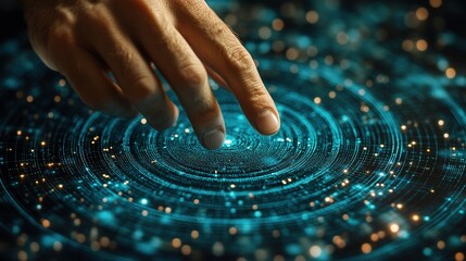 A hand reaches out to interact with a glowing, circular digital interface, suggesting exploration of data or technology.
