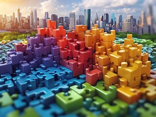 Obraz premium A colorful puzzle landscape with a city skyline in the background, symbolizing complexity and connection.