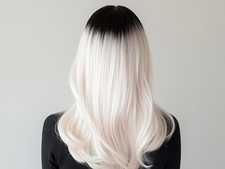 Naklejka premium An ombre wig transitioning from black roots to platinum blonde tips, styled in soft curls, displayed on a minimalist pedestal