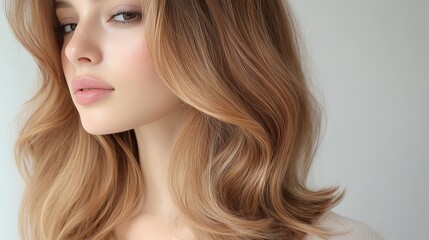 Naklejka premium An ombre wig transitioning from ash brown to caramel, styled in cascading waves on a glass pedestal