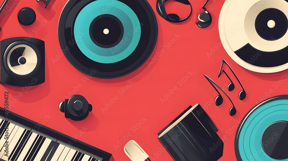 Poster colorful music instruments and records arranged on red background