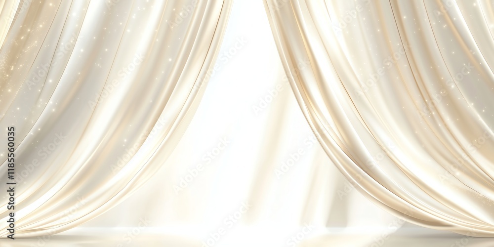 Poster white and gold background with opened white curtains reflecting soft light and shimmering effects, c